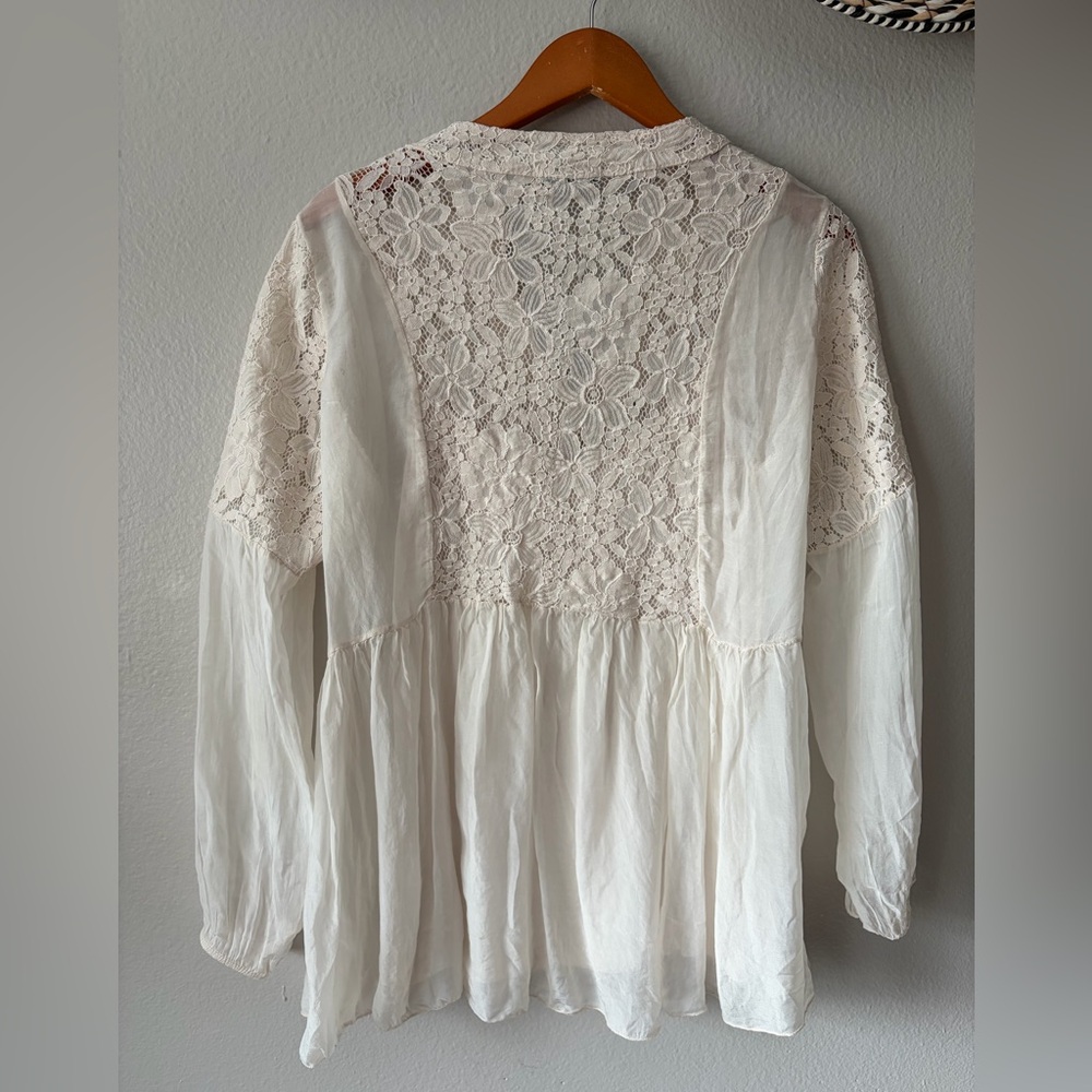 Tendenze Italian Silk and Lace Sheer Flowy Layered Blouse Cream Women Large - Picture 8 of 13